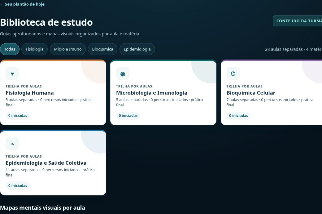 Biblioteca do Portal de Estudos com disciplinas de Fisiologia, Microbiologia, Bioquímica e Epidemiologia.